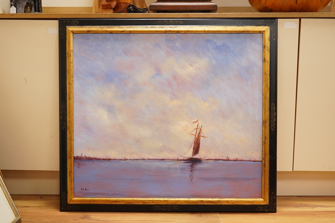 Continental School, 20th century, A boat off the coast, indistinctly signed lower left, oil on board, 68 x 78cm